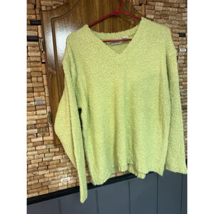 Vintage Y2K Fashion Bug Neon Green Acrylic V Neck Fuzzy Sweater Sz L